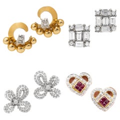 4 pairs of Earrings - Heart studs - Flower studs - Baguette studs - Bow Studs