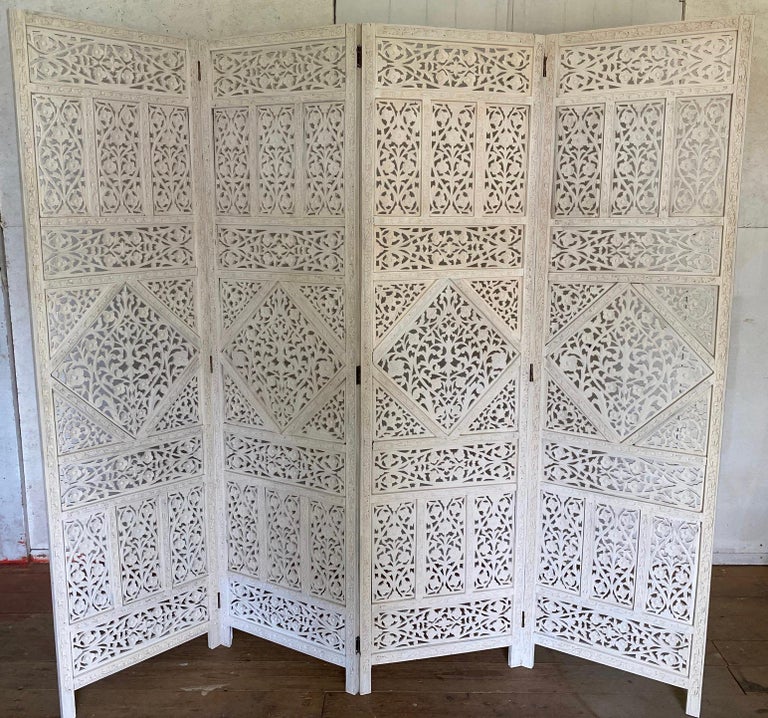4 Panel Anglo Indian White Washed Folding Screen In Good Condition For Sale In Great Barrington, MA