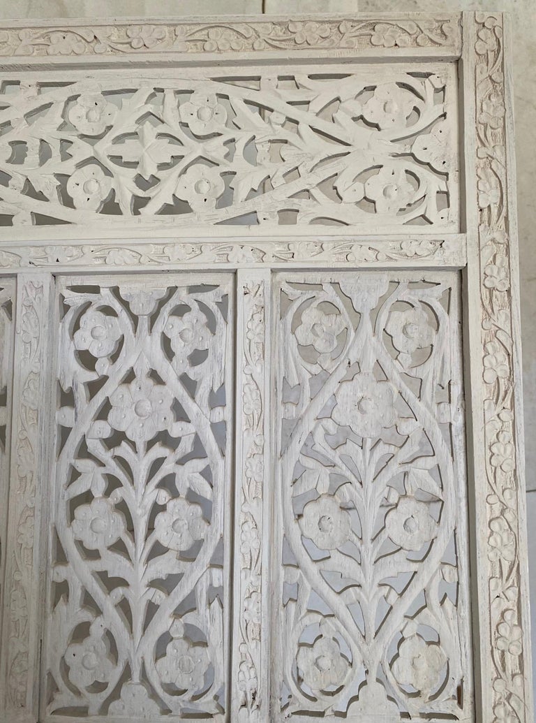 Teak 4 Panel Anglo Indian White Washed Folding Screen For Sale