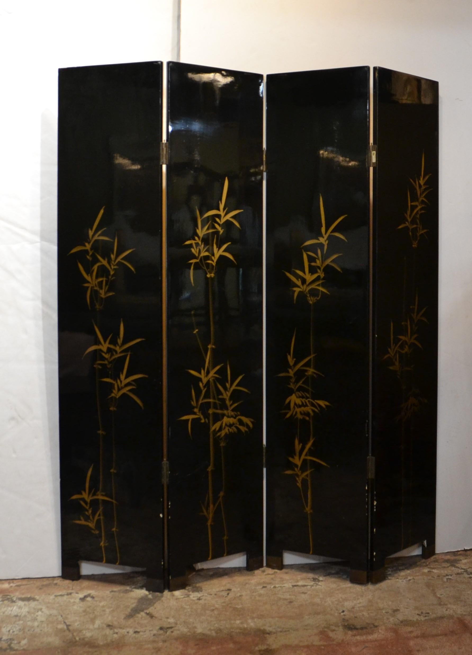 Four-panel Asian room divider. Chinoiserie subject with beautiful gold color.