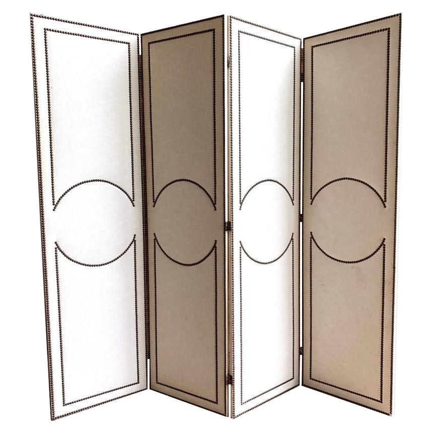 4-Panel Folding Screen, Art Deco Style, Linen and Decorative Nails