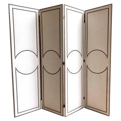 4-Panel Folding Screen, Art Deco Style, Linen and Decorative Nails