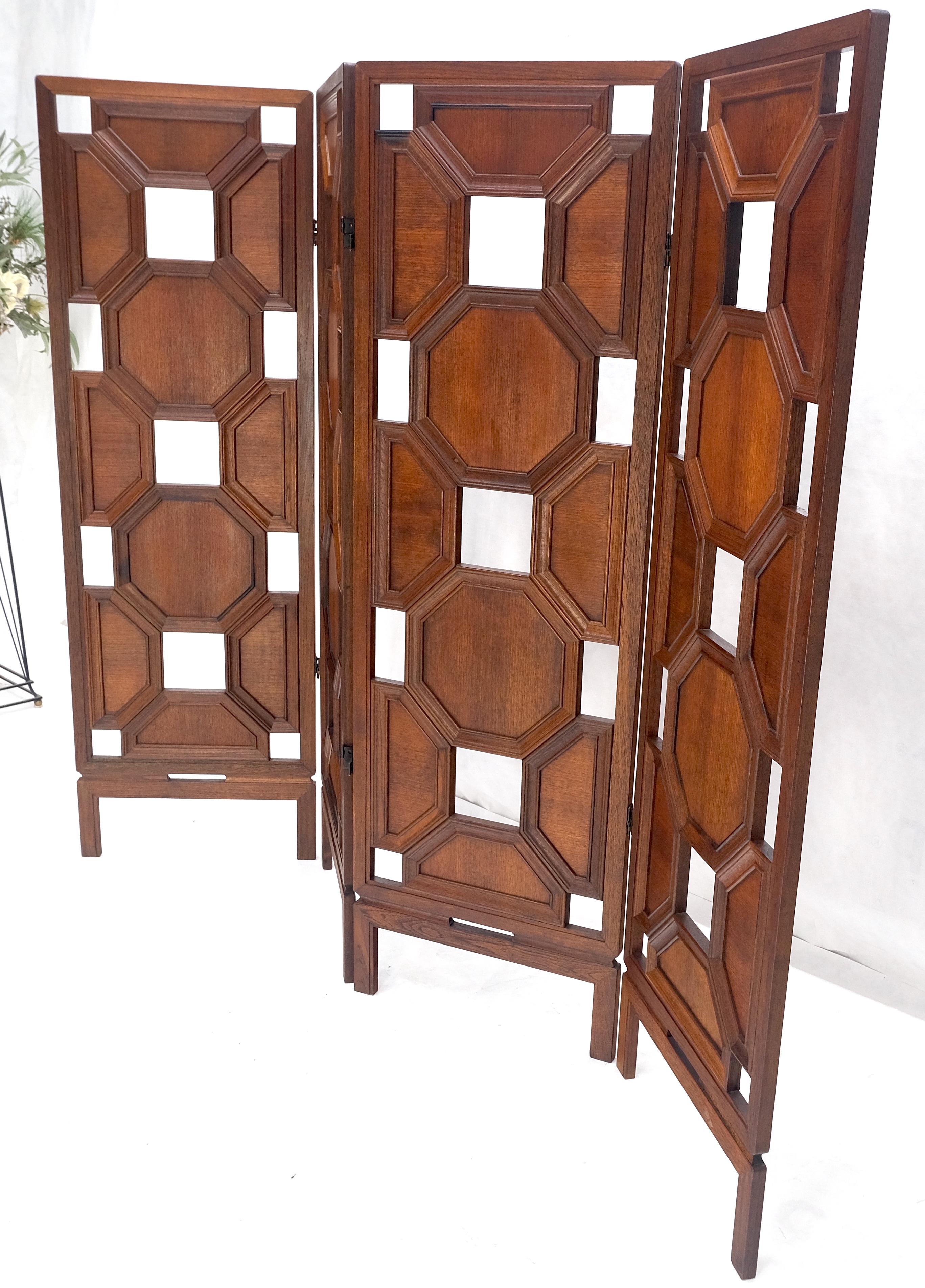 Danish Mid Century Modern 4 Panel Honey Comb Checker Board Style Carved Teak Screen Room Divider MINT!
