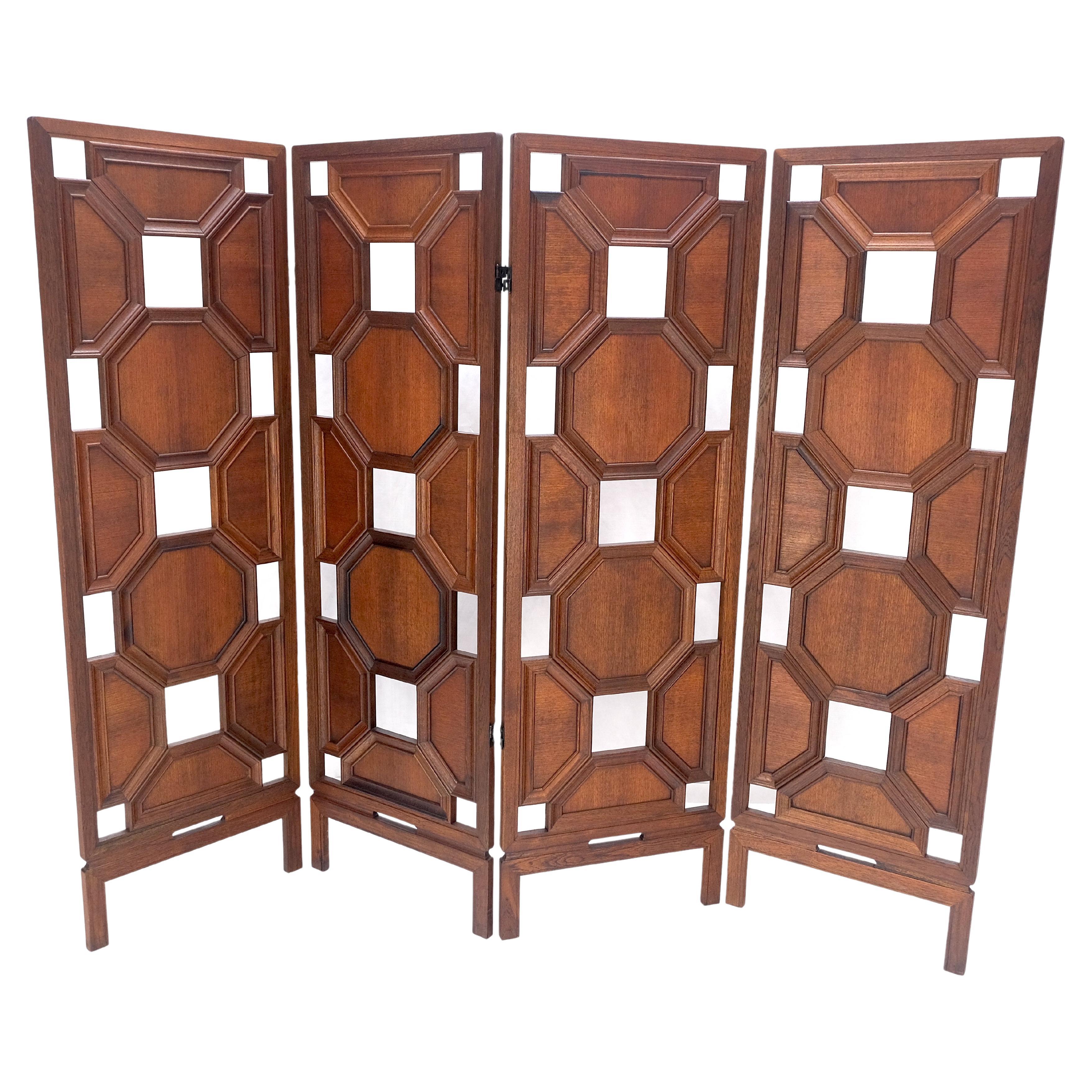 4 Panel Honey Comb Checker Board Style Carved Teak Screen Room Divider MINT!