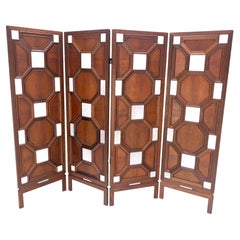 4 Panel Honey Comb Checker Board Style Carved Teak Screen Room Divider MINT!