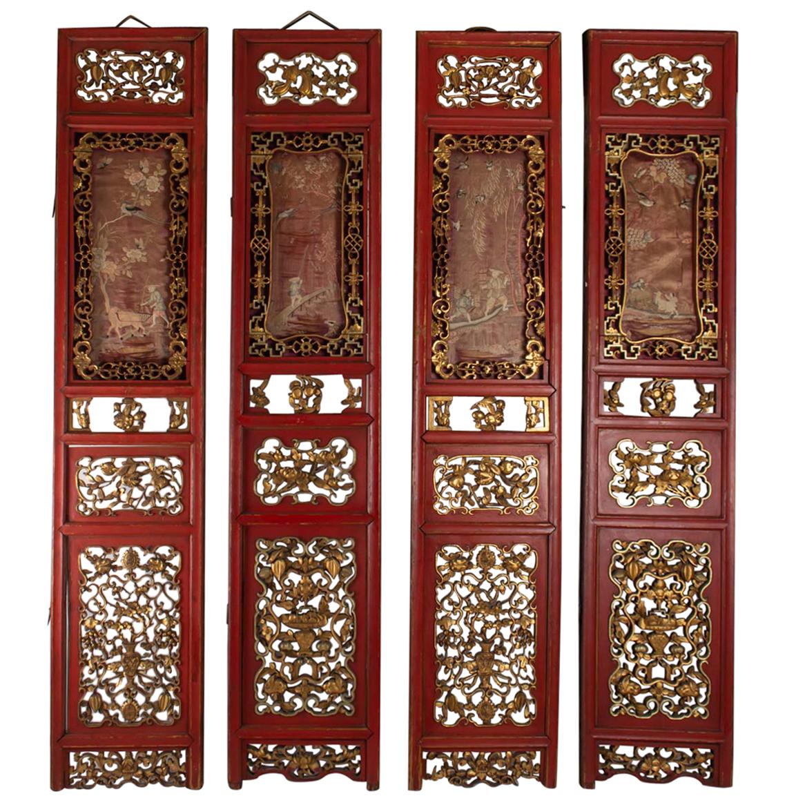 4-Panel Red and Gold in Openwork Wood and Carved Fruit, Flowers and Symbols