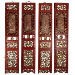 Antique 4-Panel Red and Gold in Openwork Wood and Carved Fruit, Flowers and Symbols