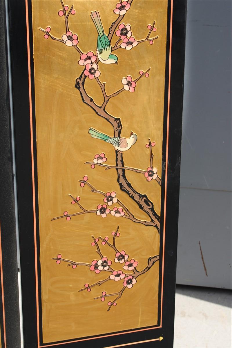4 panel wood with colored enamels and Chinese gold leaf lotus flowers and herons For Sale 6
