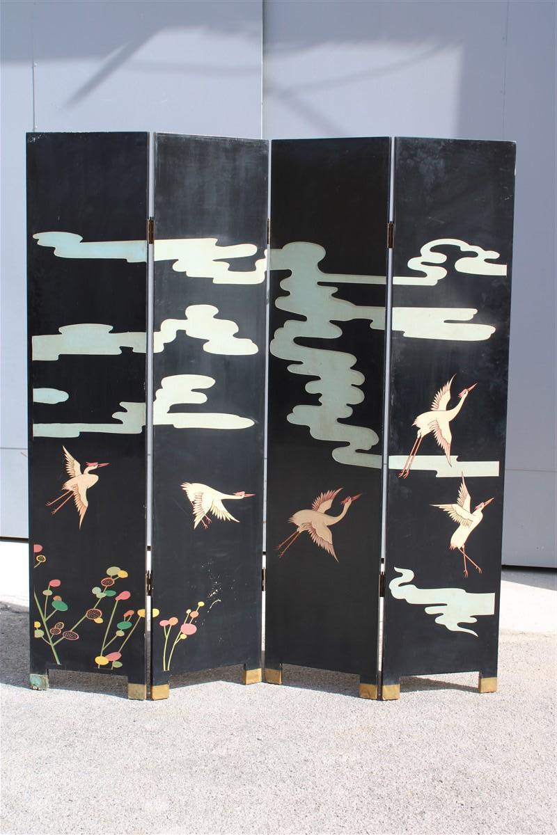 4 panel wood with colored enamels and Chinese gold leaf lotus flowers and herons For Sale 10