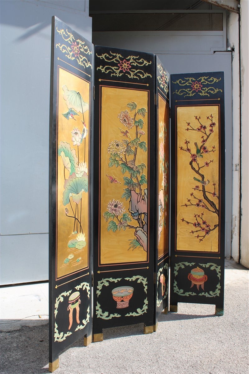 Mid-Century Modern 4 panel wood with colored enamels and Chinese gold leaf lotus flowers and herons For Sale
