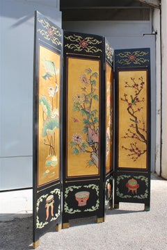 4 panel wood with colored enamels and Chinese gold leaf lotus flowers and herons