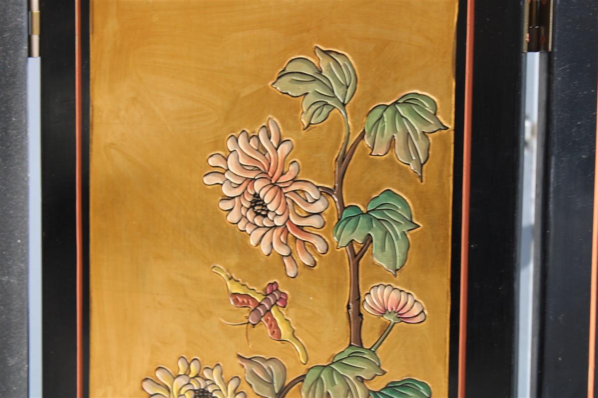 Mid-20th Century 4 panel wood with colored enamels and Chinese gold leaf lotus flowers and herons For Sale