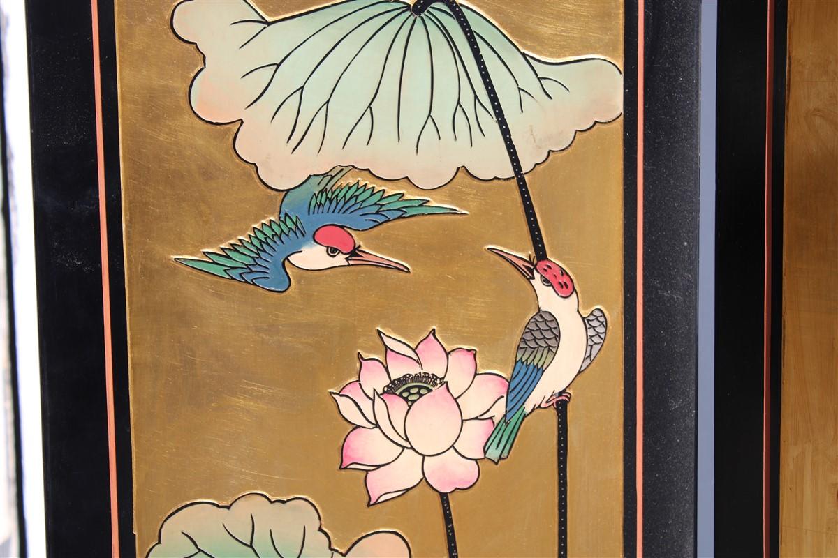 Wood 4 panel wood with colored enamels and Chinese gold leaf lotus flowers and herons For Sale