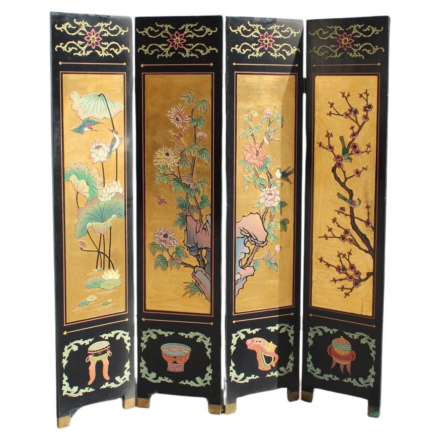 4 panel wood with colored enamels and Chinese gold leaf lotus flowers and herons For Sale