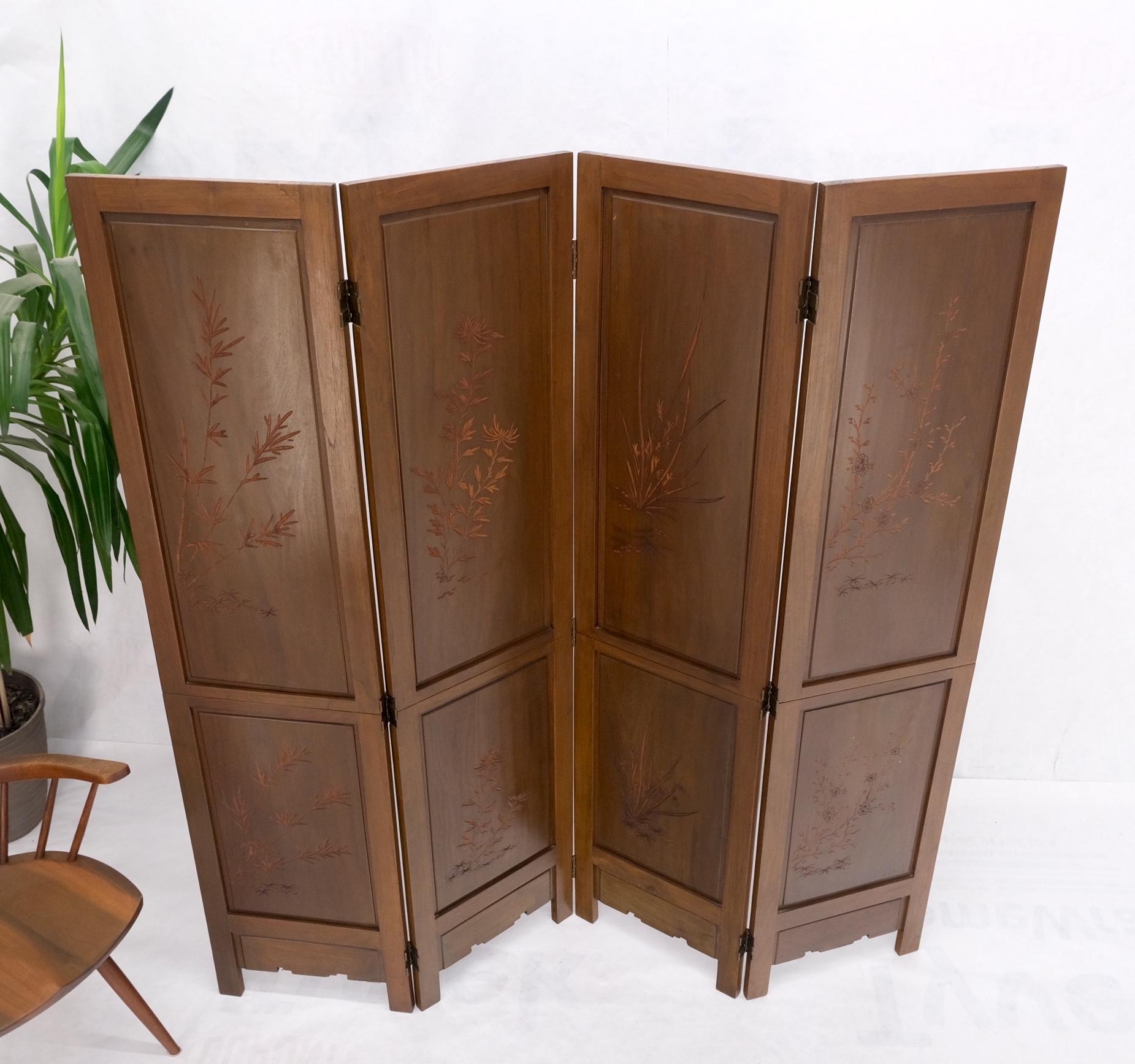 4 Panels Carved Teak Fine Details Room Divider Screen Heavy Brass Hinges Mint! For Sale 7