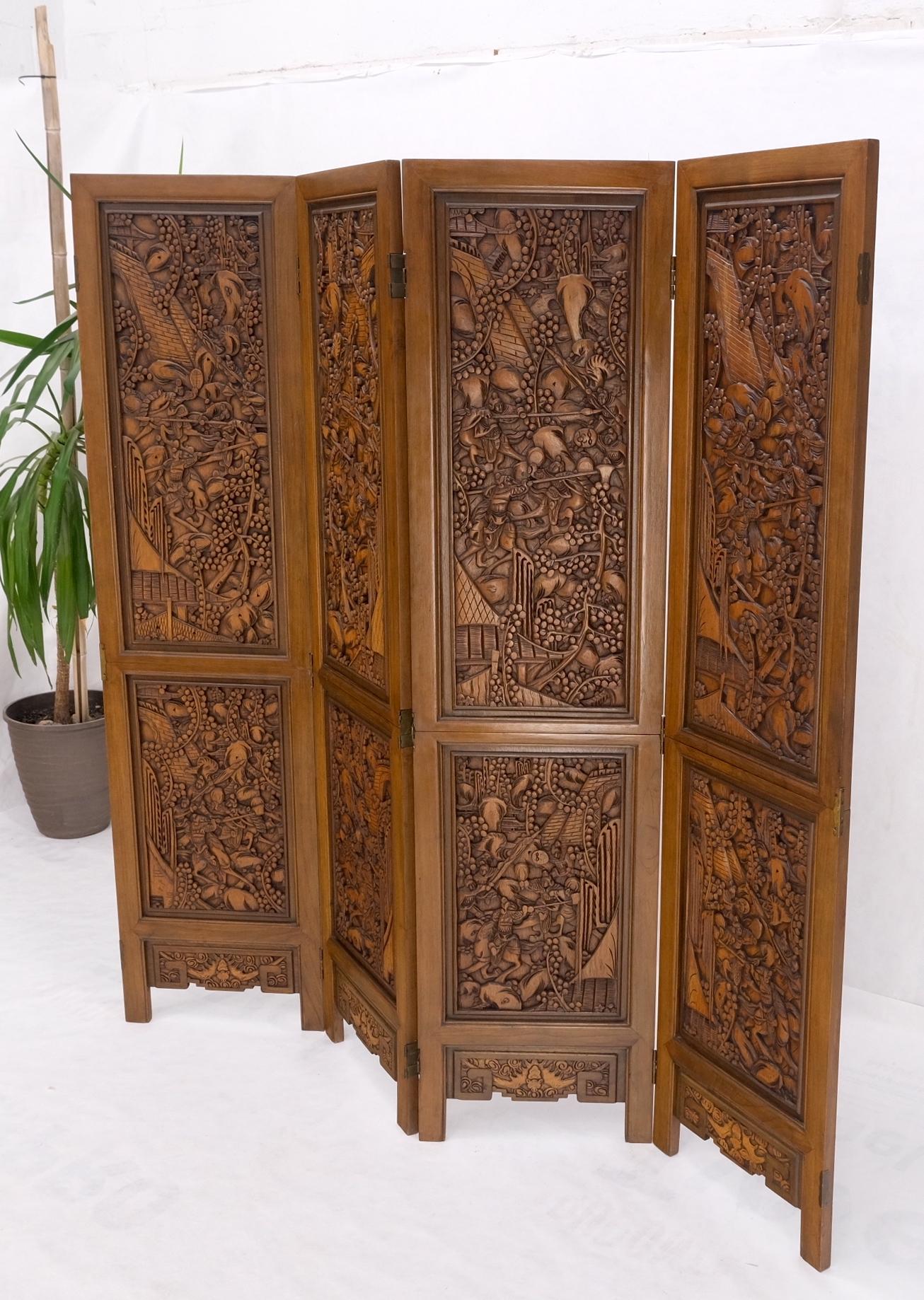 4 Panels carved teak fine details room divider screen heavy brass hinges mint.