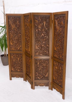 4 Panels Carved Teak Fine Details Room Divider Screen Heavy Brass Hinges Mint!