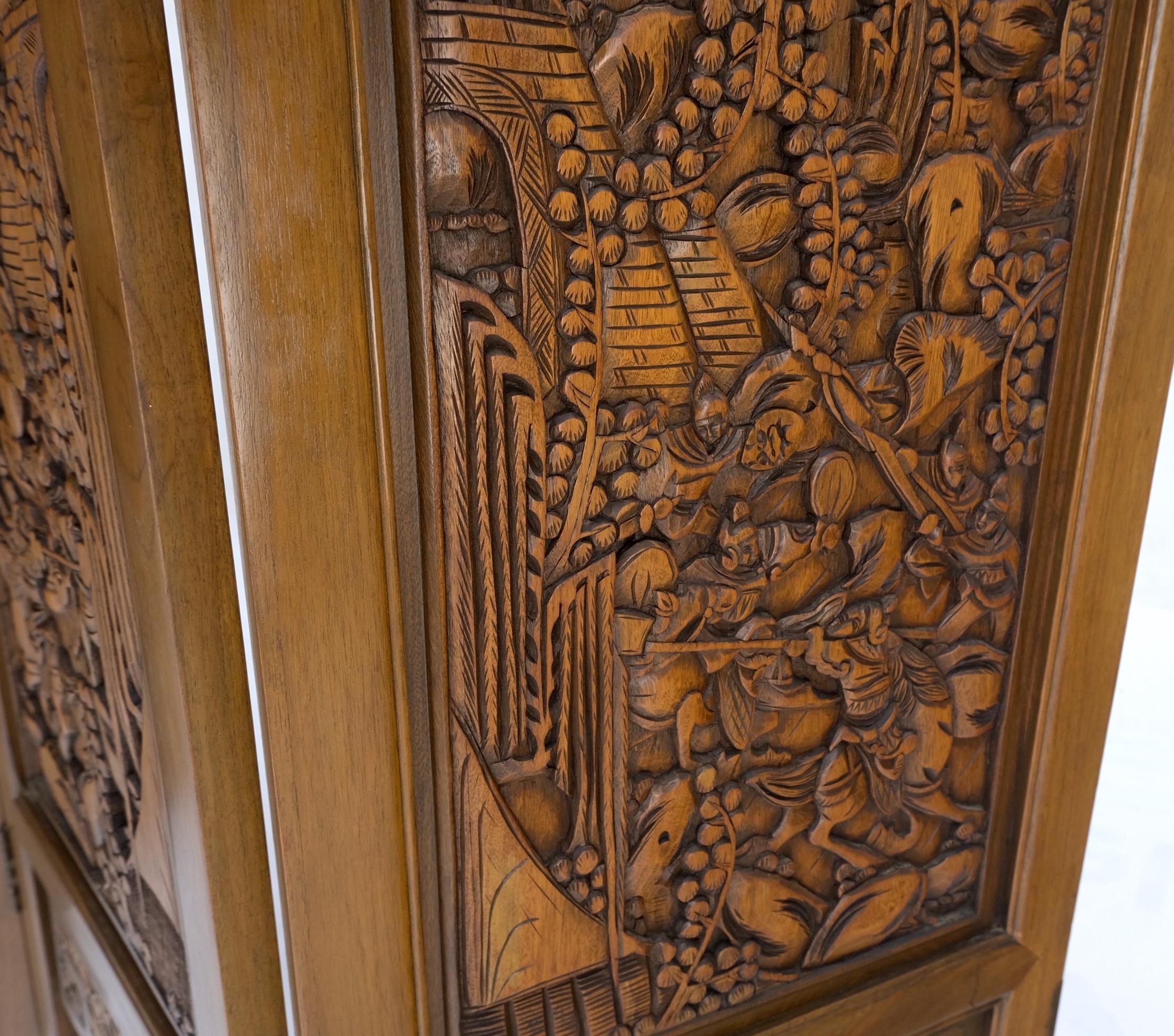 Mid-Century Modern 4 Panels Carved Teak Fine Details Room Divider Screen Heavy Brass Hinges Mint! For Sale
