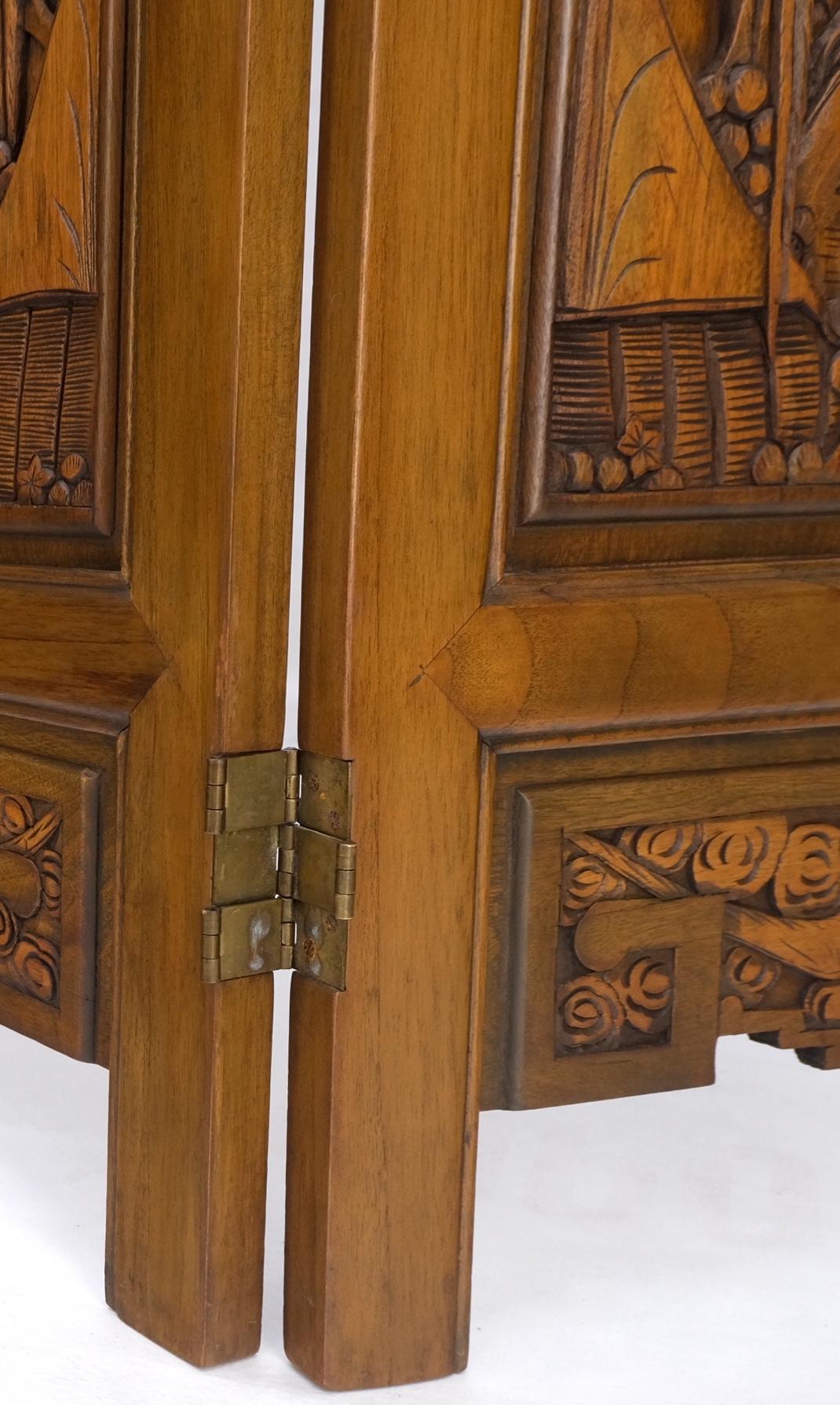 20th Century 4 Panels Carved Teak Fine Details Room Divider Screen Heavy Brass Hinges Mint! For Sale