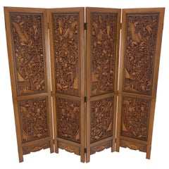 4 Panels Carved Teak Fine Details Room Divider Screen Heavy Brass Hinges Mint!