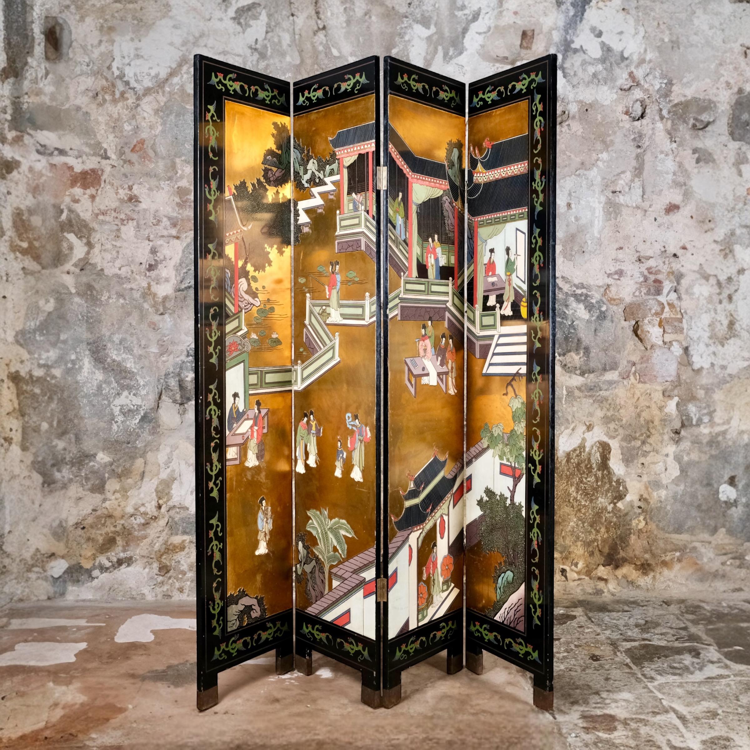 Chinoiserie 4 panels Coromandel lacquer screen, China, beginning of 20th century