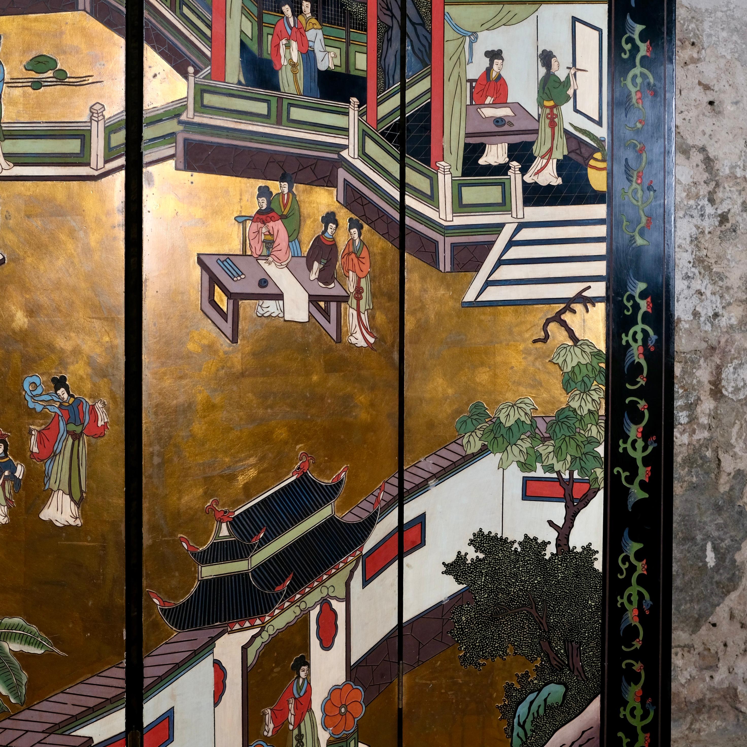 Brass 4 panels Coromandel lacquer screen, China, beginning of 20th century