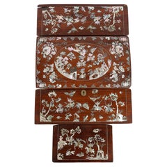 Antique 4 Panels of a Wooden Box with Mother of Pearl Inlay, Chinese Scenes.