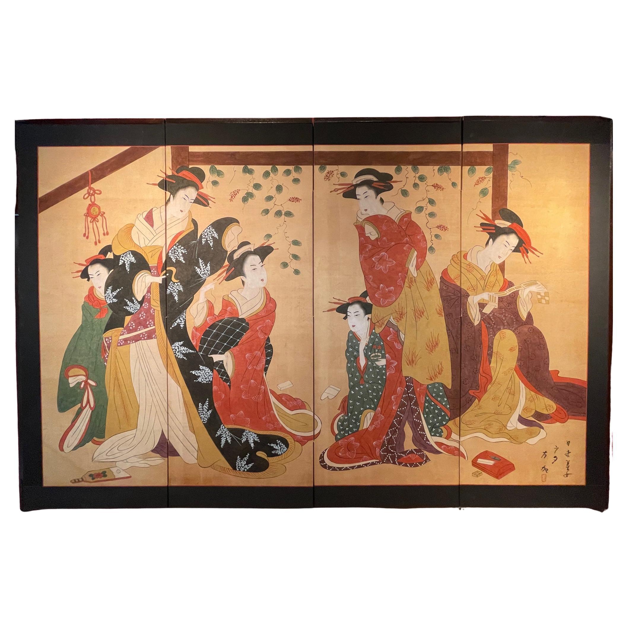  “4 Panels Screen with 6 Geishas Painted in the Ukiyo-e Style For Sale