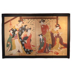 Antique  “4 Panels Screen with 6 Geishas Painted in the Ukiyo-e Style