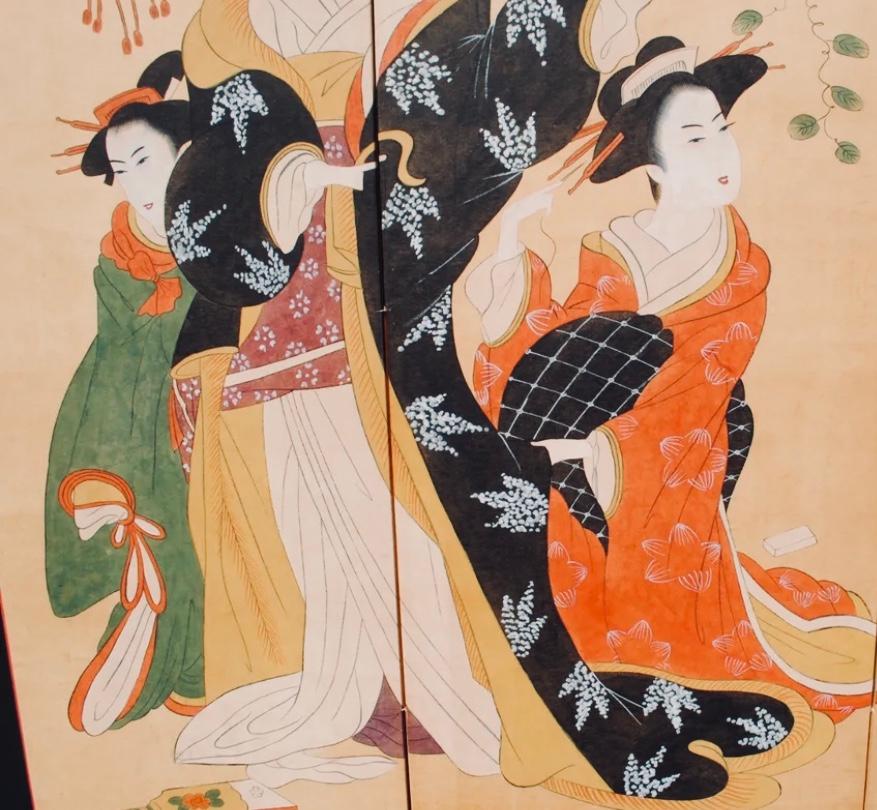 Showa  “4 Panels Screen with 6 Geishas Painted in the Ukiyo-e Style For Sale