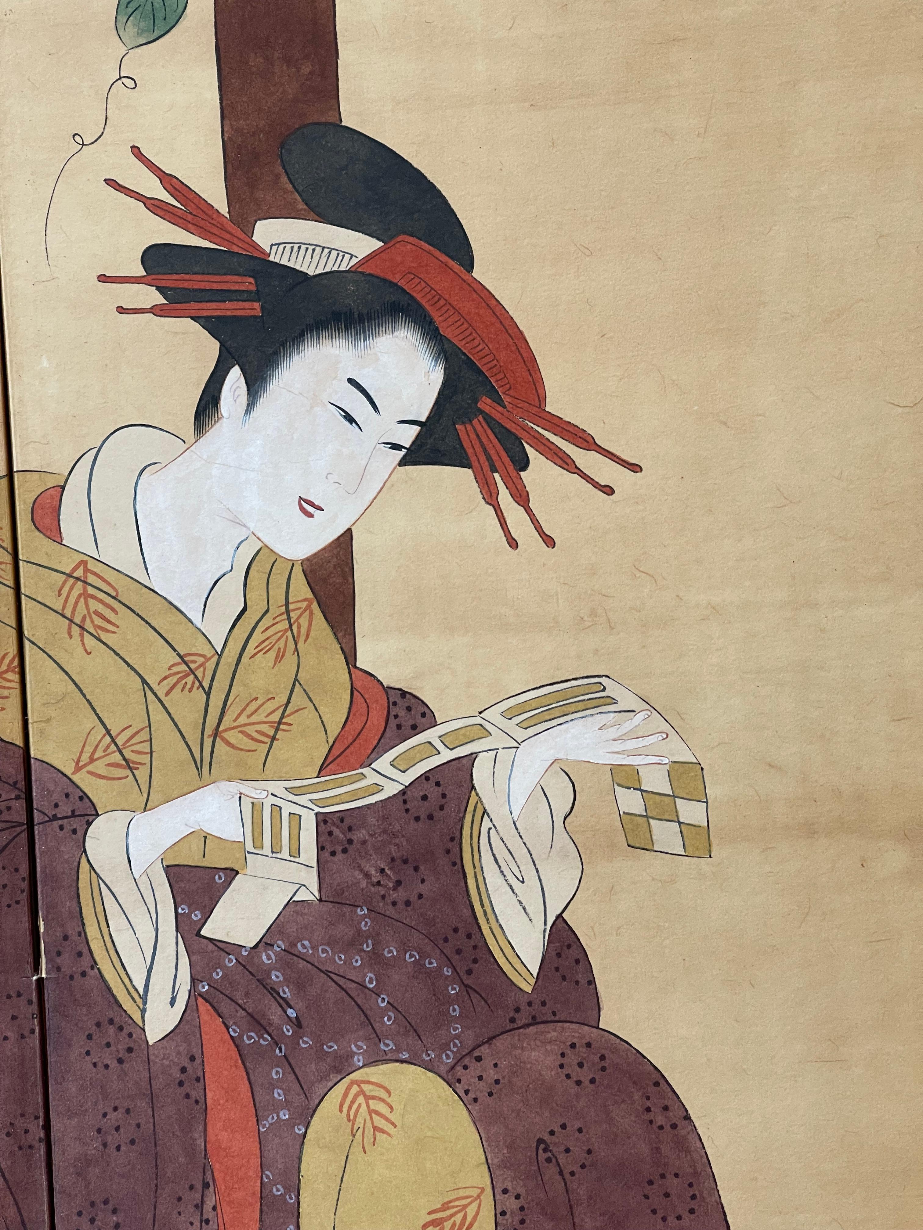  “4 Panels Screen with 6 Geishas Painted in the Ukiyo-e Style For Sale 1