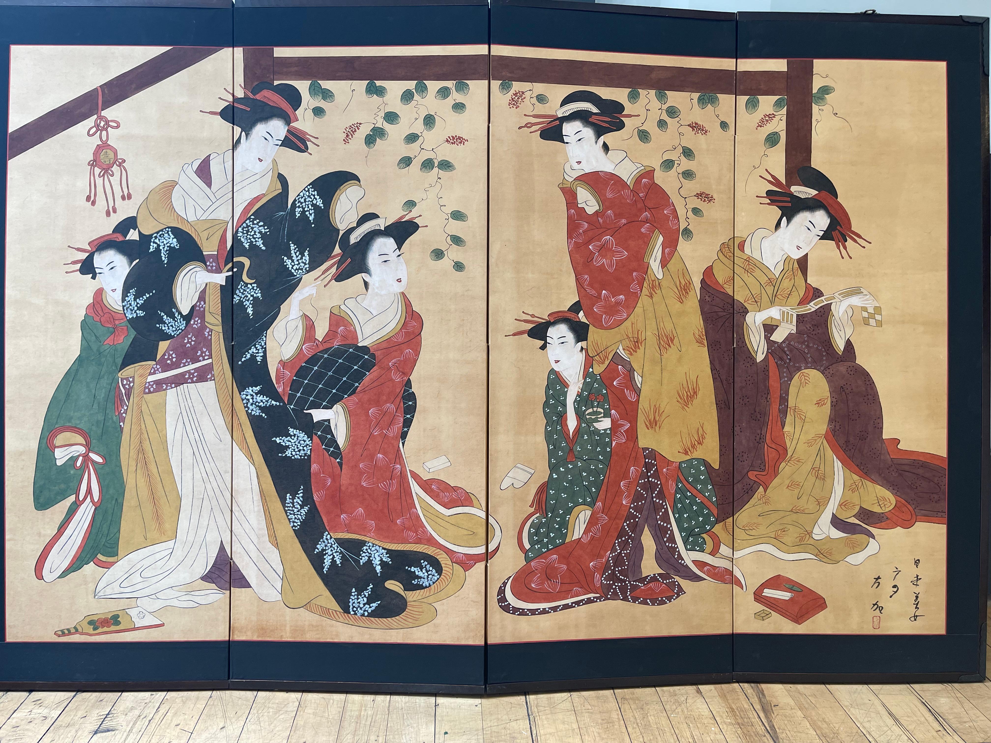 “4 Panels Screen with 6 Geishas Painted in the Ukiyo-e Style For Sale 3