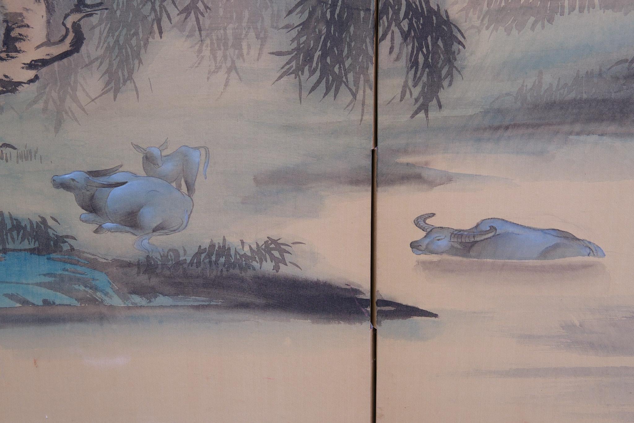 Mid-20th Century 4 part folding screen hand painted Japan 1960s    For Sale