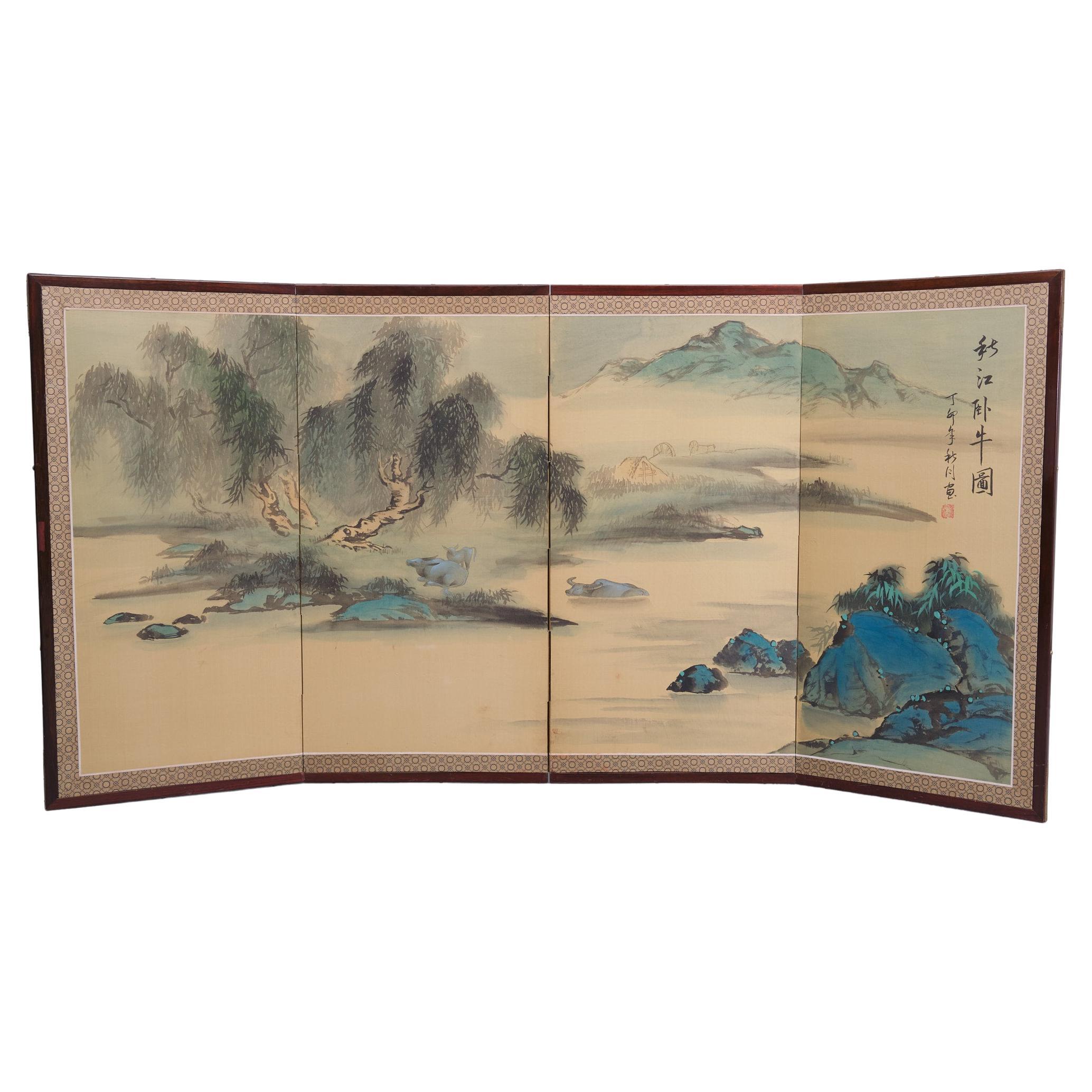 4 part folding screen hand painted Japan 1960s    For Sale