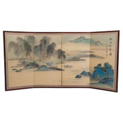 Vintage 4 part folding screen hand painted Japan 1960s   