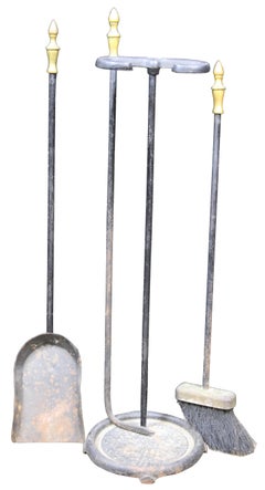 4 Pc Antique Cast Iron & Brass Fireplace Hearthware Fire Tool Set & Stand