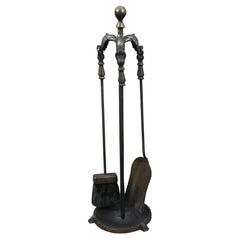 4 Pc Iron & Brass Fireplace Tools Hearthware Set Poker Shovel Brush Stand