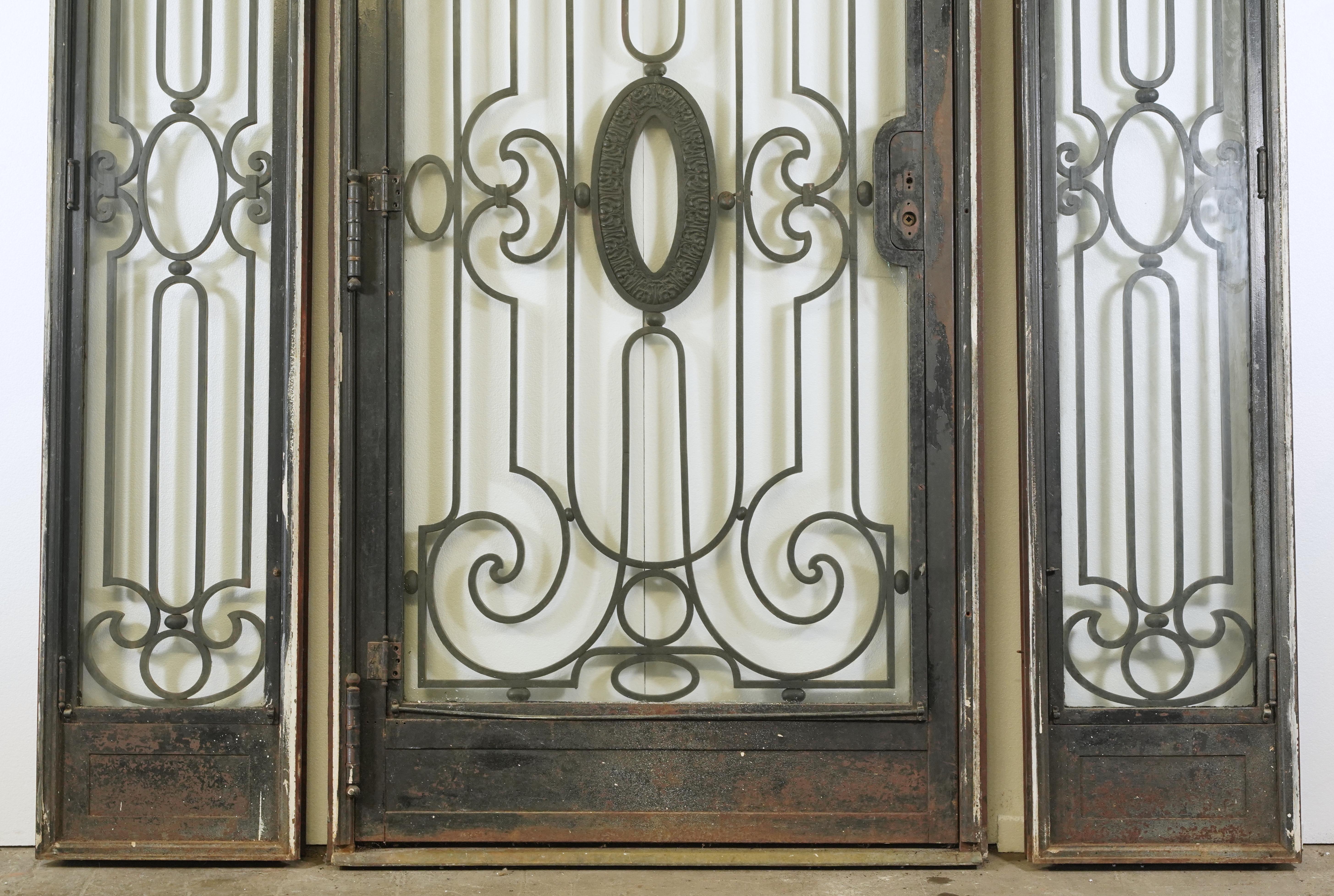 American 4 Pc Set Cast Iron & Glass Door w 2 Sidelights & Transom For Sale