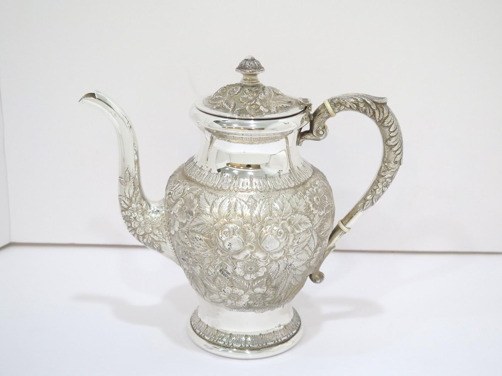 Repoussé 4 Pc Sterling Silver S. Kirk & Son Vintage Floral Repousse Tea / Coffee Service For Sale