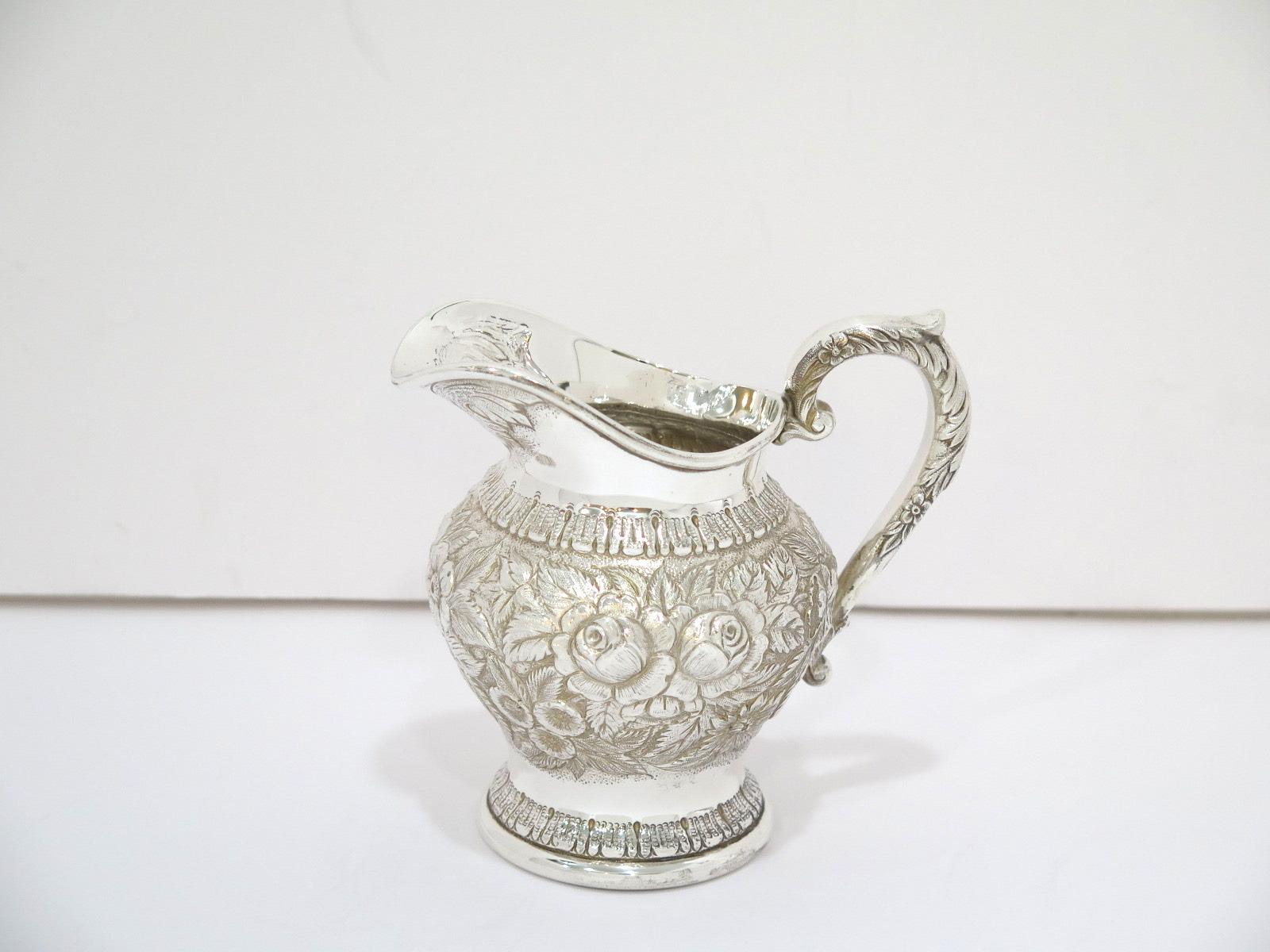 4 Pc Sterling Silver S. Kirk & Son Vintage Floral Repousse Tea / Coffee Service For Sale 3