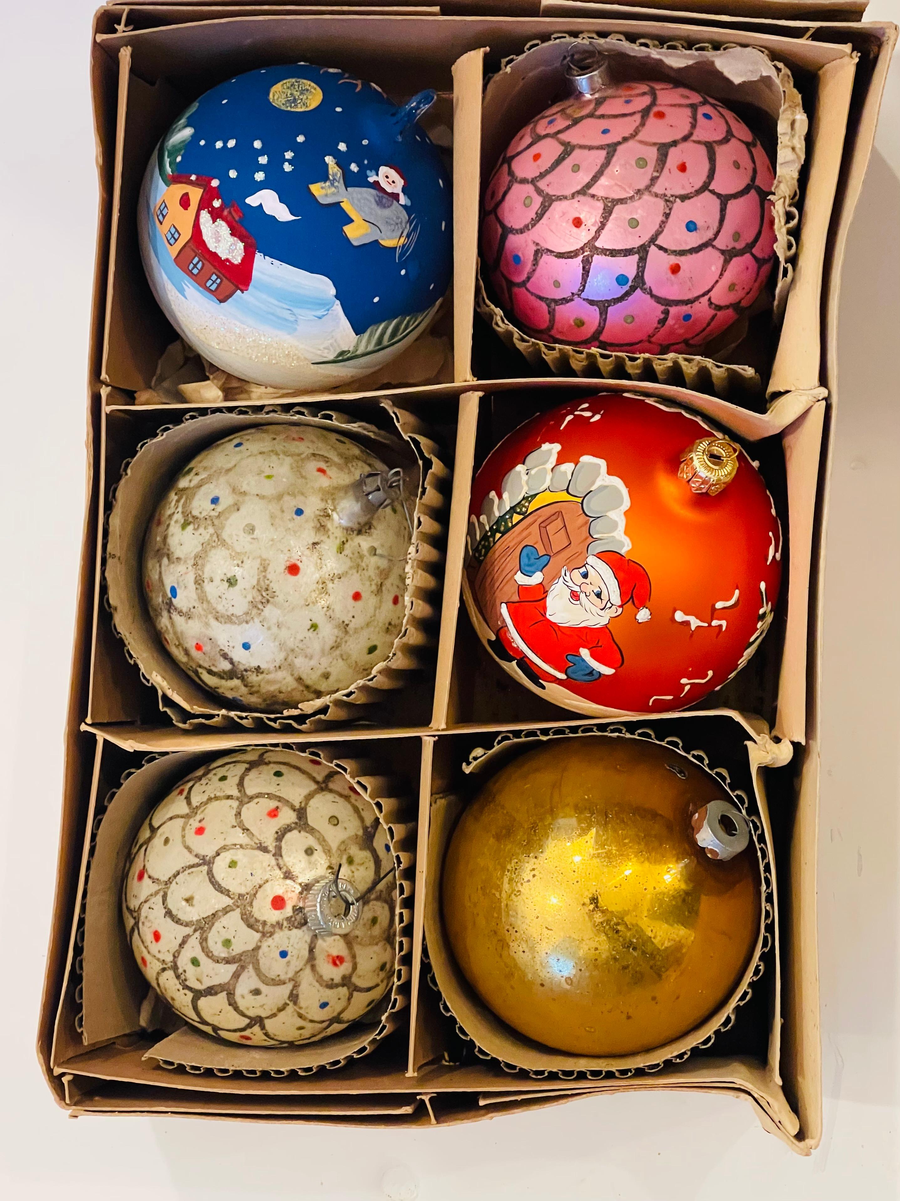 6 pcs Grandes boules de Noël en verre soufflé Antque en vente