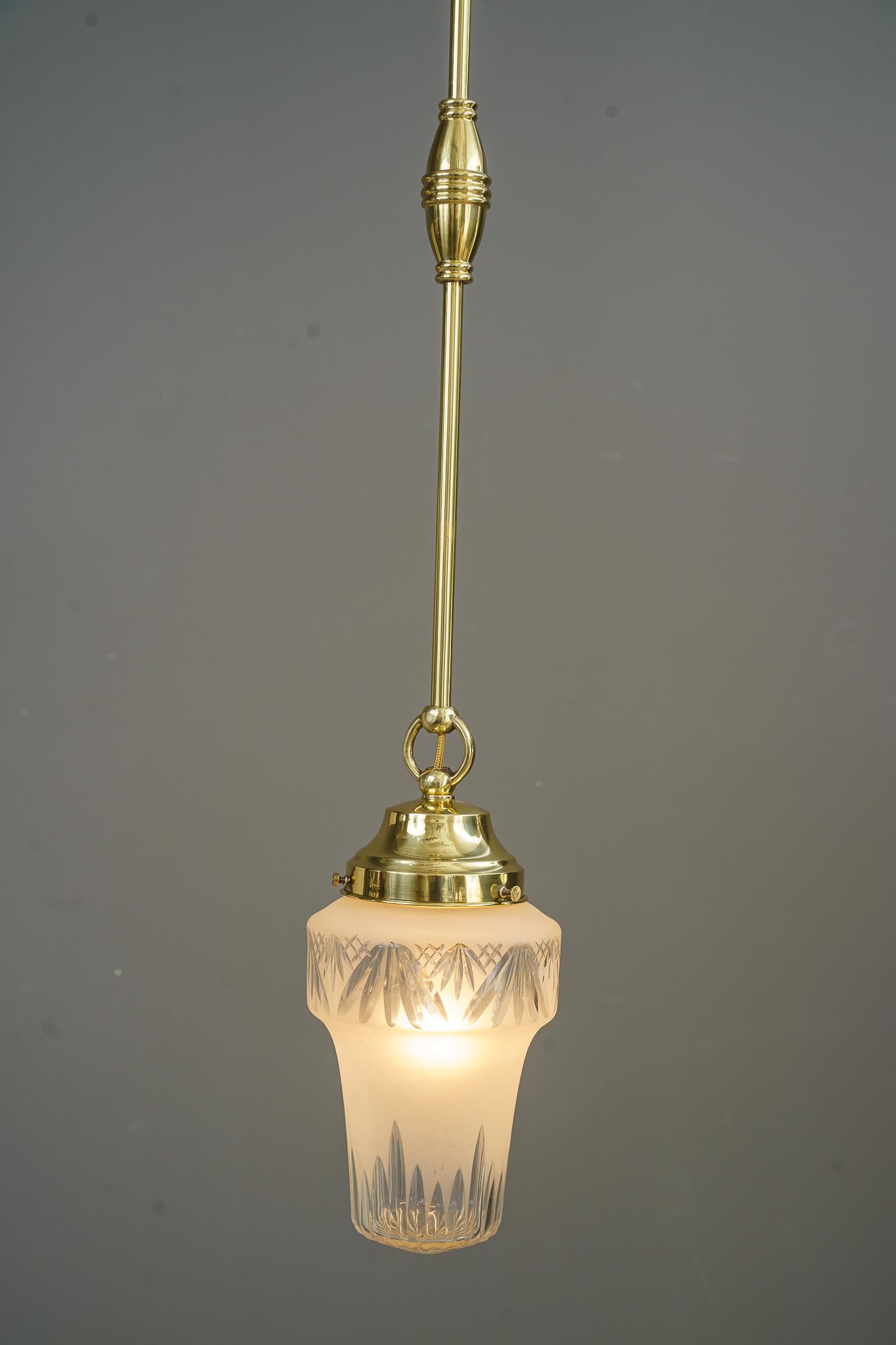 Brass 4 Pendants with Cut Glass Shades, Vienna, Around 1920s For Sale
