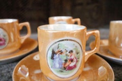 4 Petite Mother of Pearl Iridescence Hand Painted Tea Cups and Saucers
