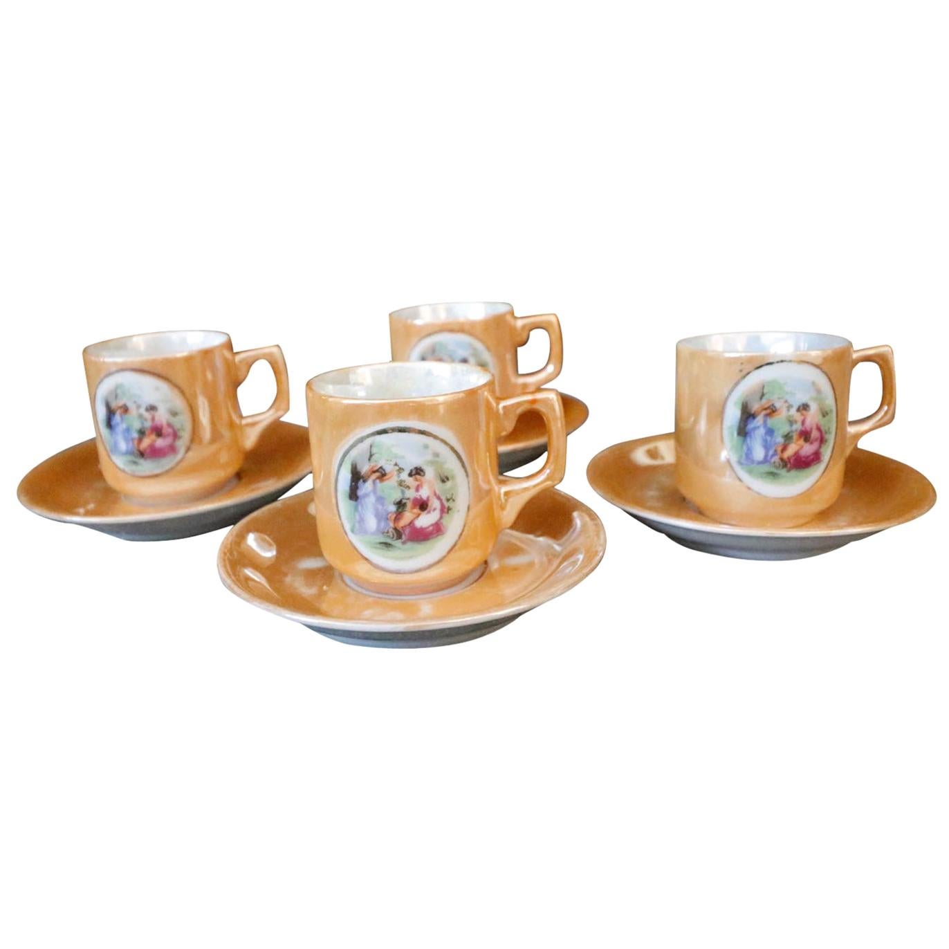 4 Petite Mother of Pearl Iridescence Hand Painted Tea Cups and Saucers For Sale