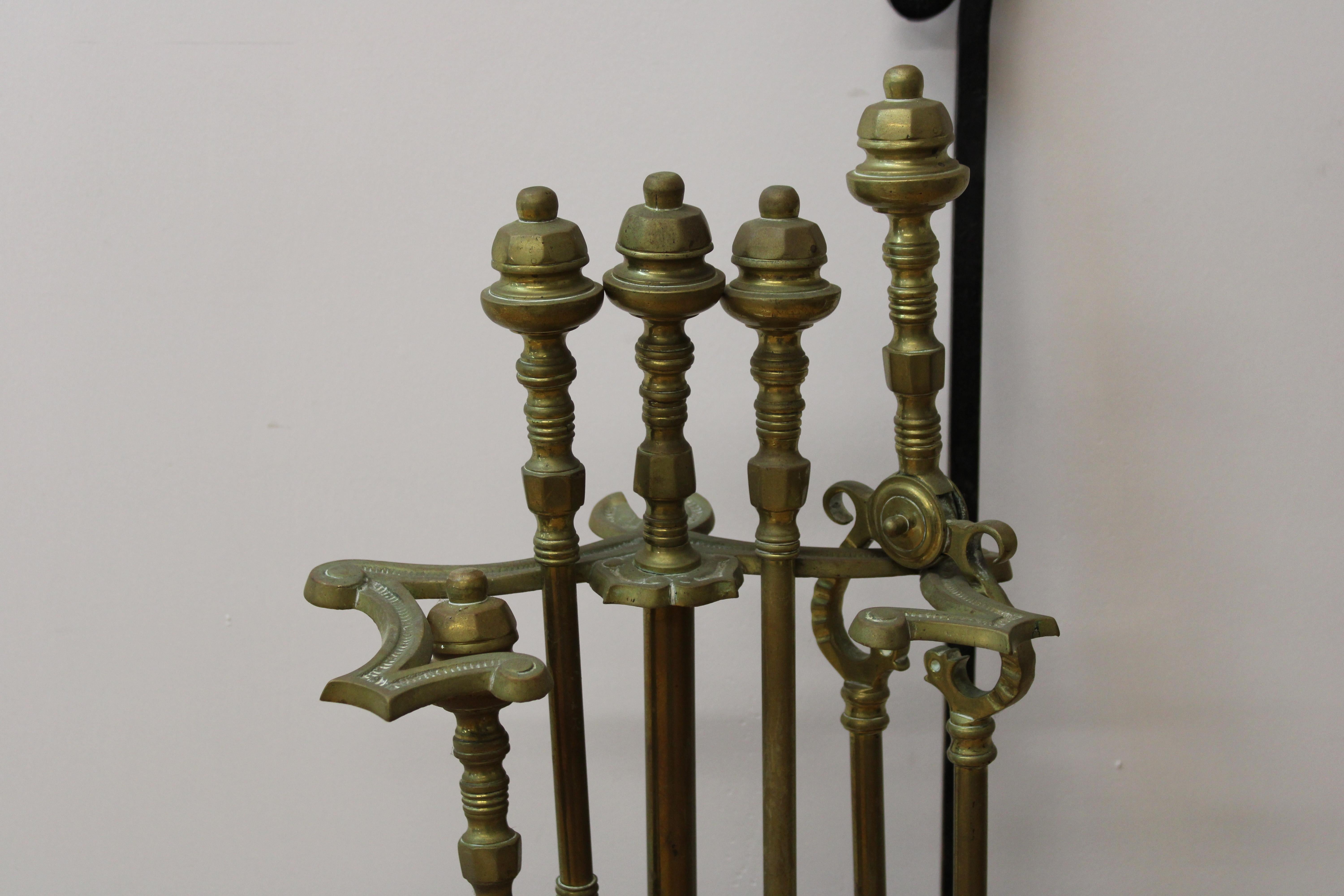 4 Piece Brass Fireplace Tool Set In Good Condition In San Francisco, CA