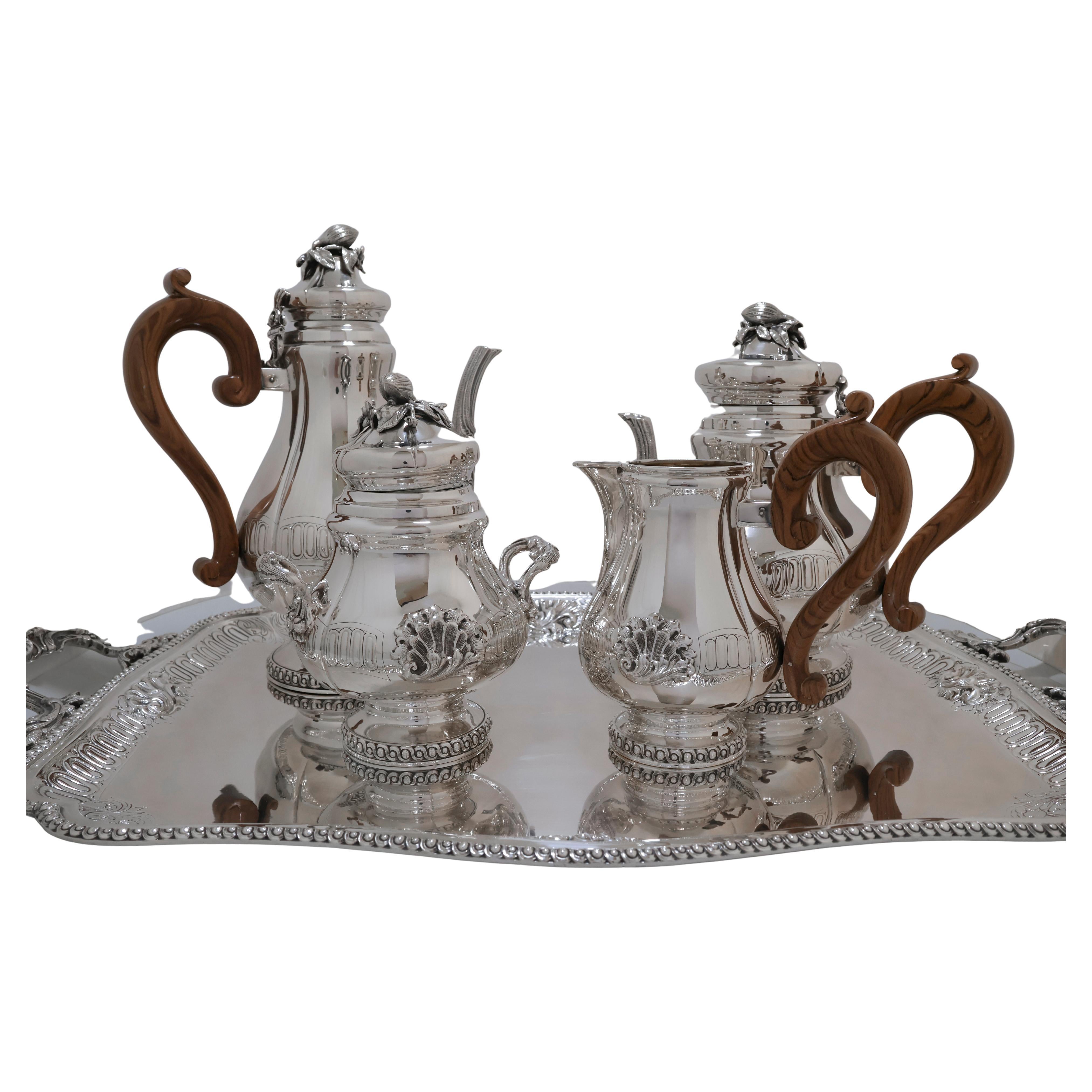 4-Piece Coffee Set with Tray in 925 Silver by Messulam, Italy (1900)