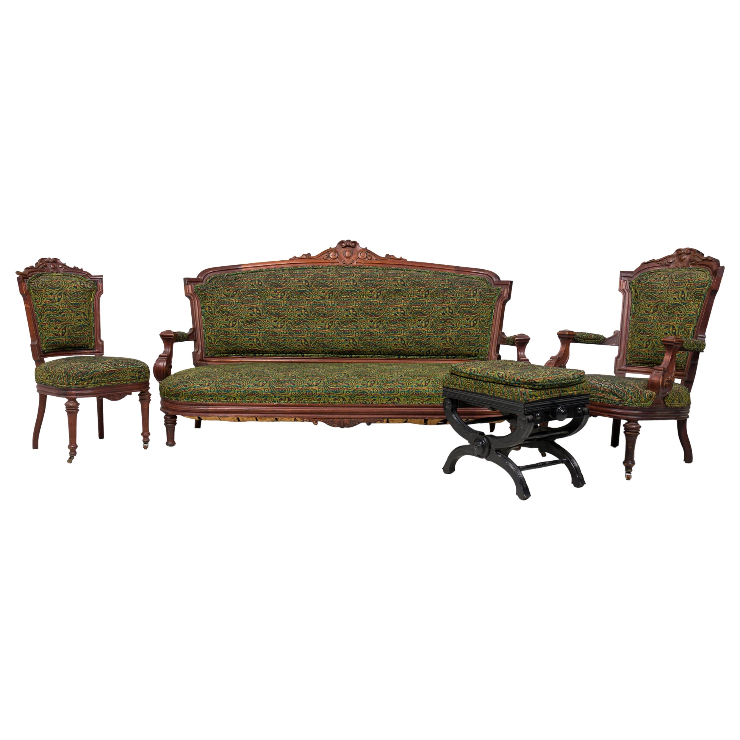 4-Piece English Victorian Mahogany Tapestry Upholstered Salon / Living Room Set For Sale