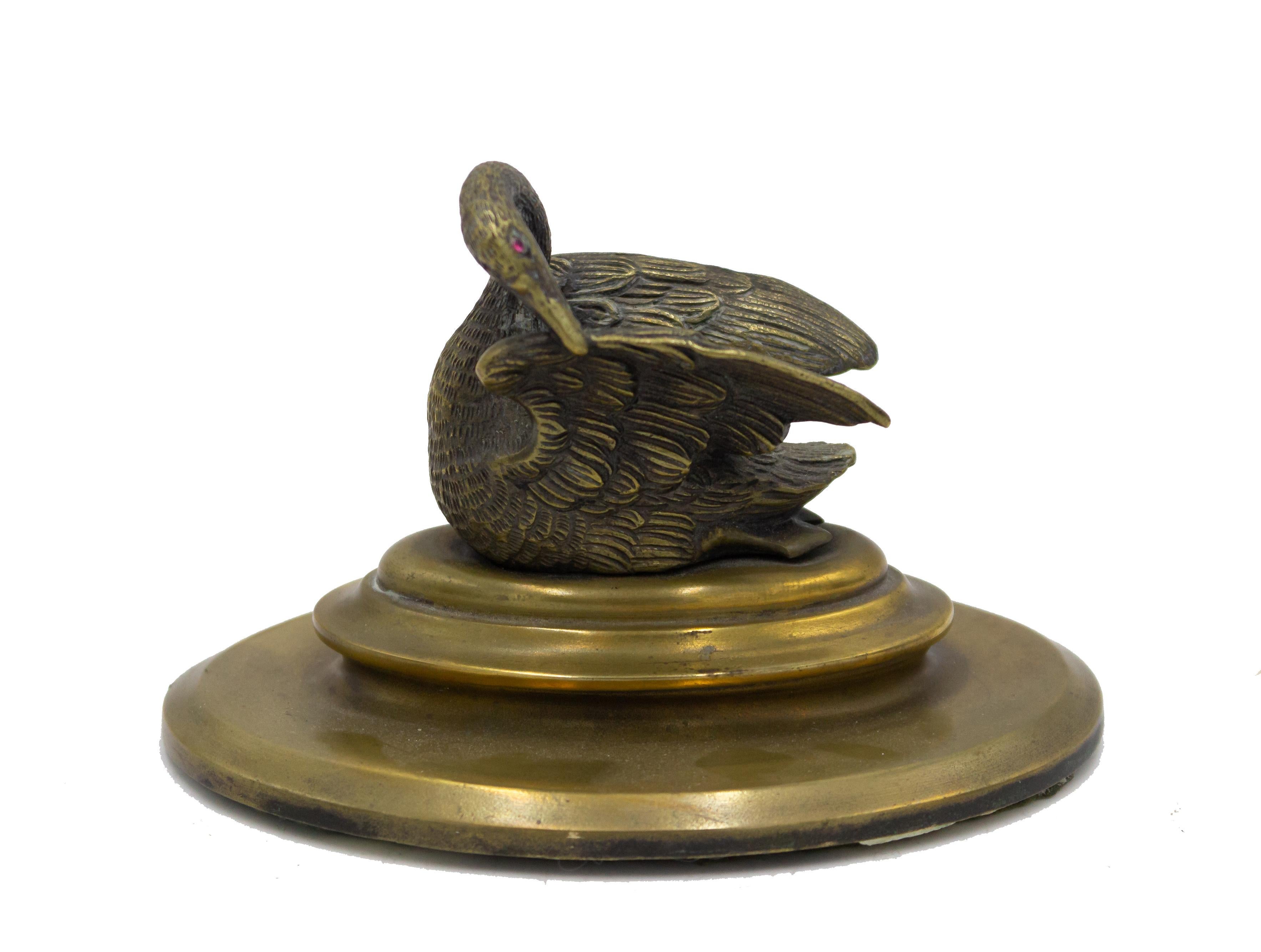 French Empire-style (19th Century) 4 piece bronze inkwell set with swan design. Inkwell, paperweight, pen holder, sandwell for cleaning nibs.(PRICED AS SET).
 