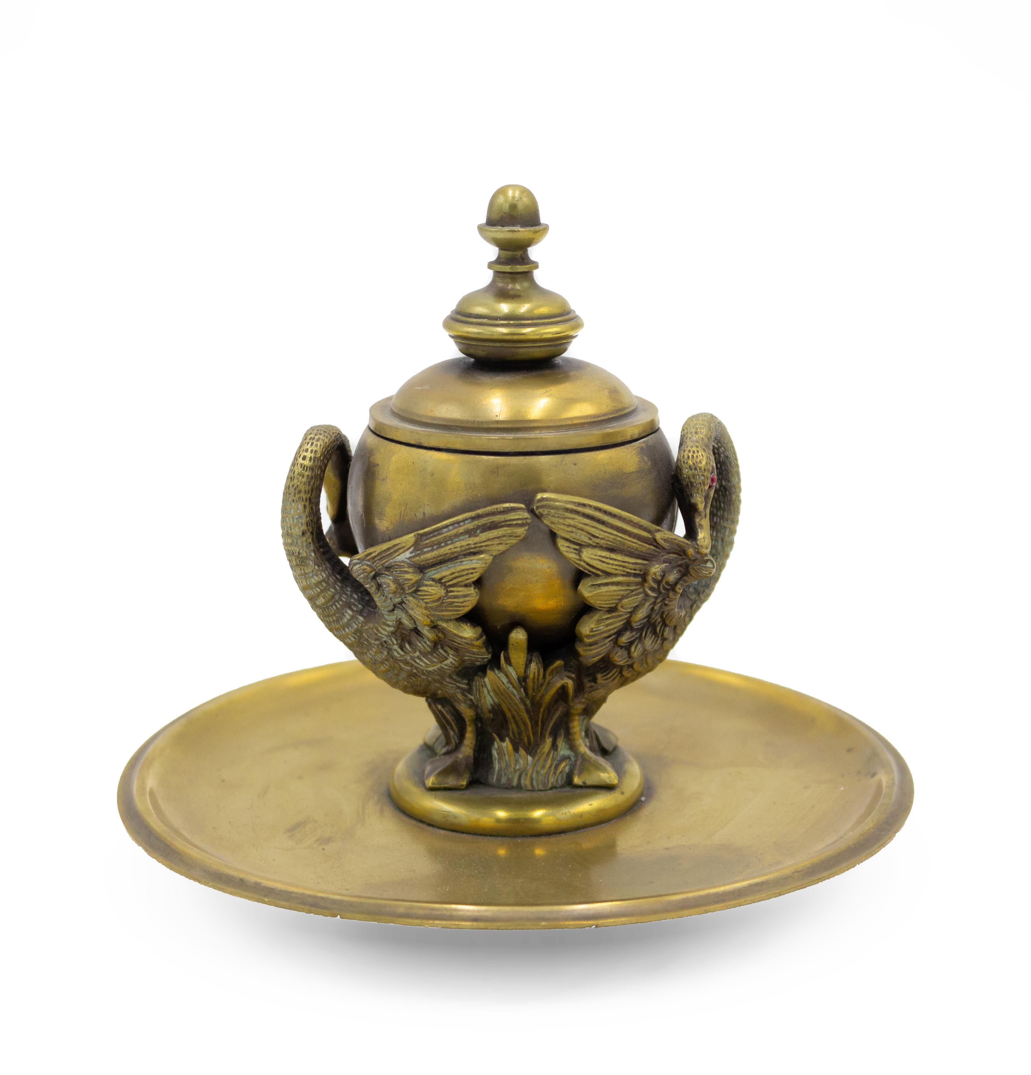 4-Piece French Empire Bronze Inkwell Set with Swan For Sale 1
