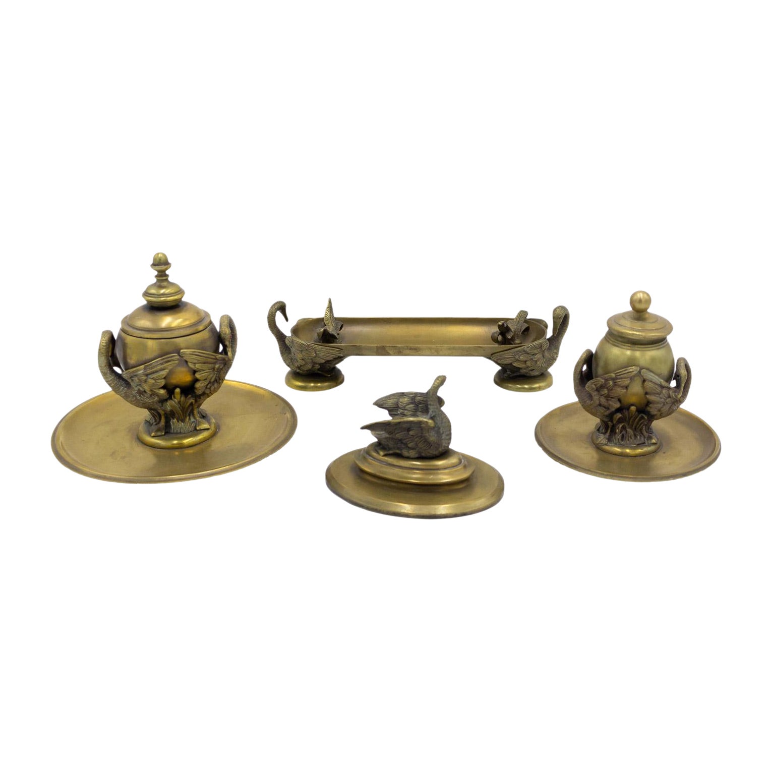 4-Piece French Empire Bronze Inkwell Set with Swan For Sale
